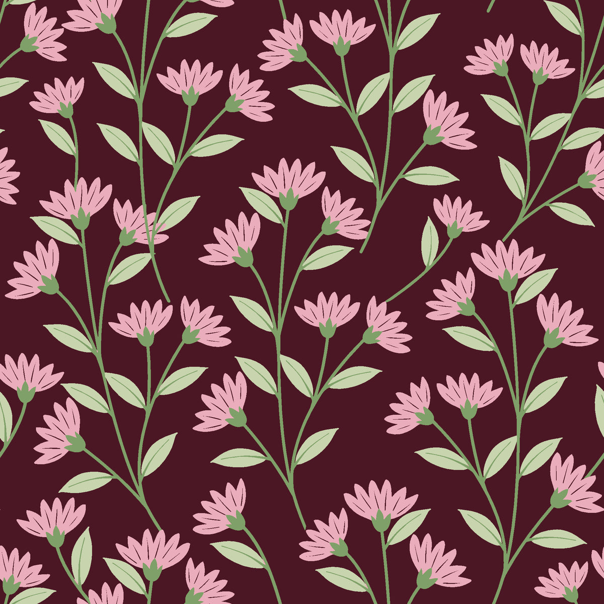 Evening Garden Oxblood botanical floral wallpaper in oxblood and blush