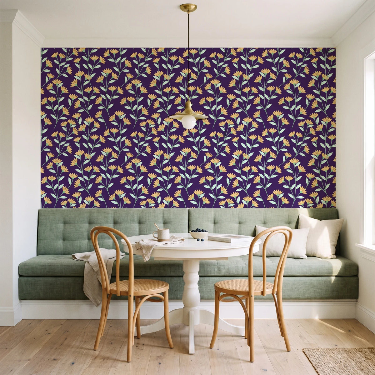 Evening Garden Plum botanical floral wallpaper as a feature wall in a sunlit breakfast nook