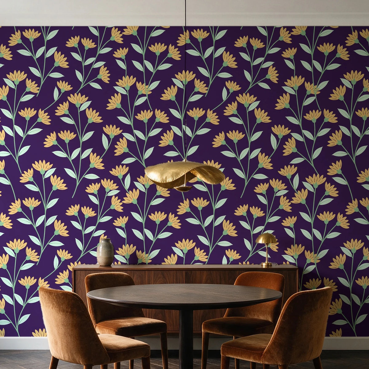 Evening Garden Plum botanical floral wallpaper behind a walnut credenza and round table in an elegant dining room