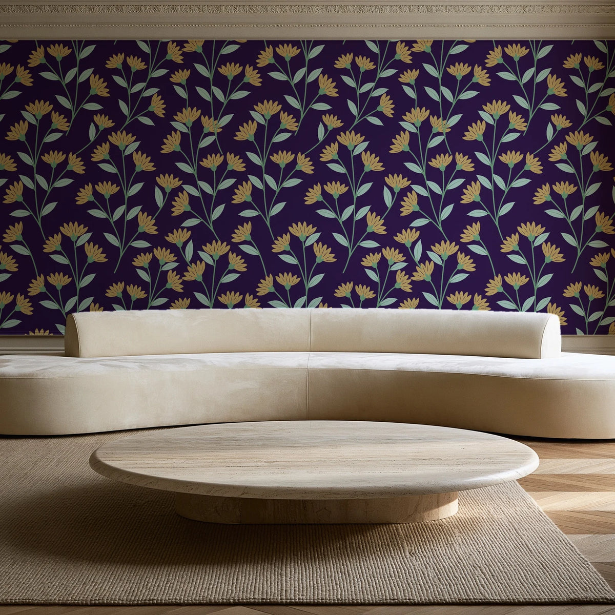Evening Garden Plum botanical floral wallpaper in an elegant living room