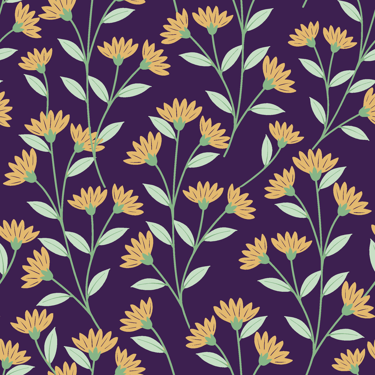Evening Garden Plum botanical floral wallpaper in plum and gold