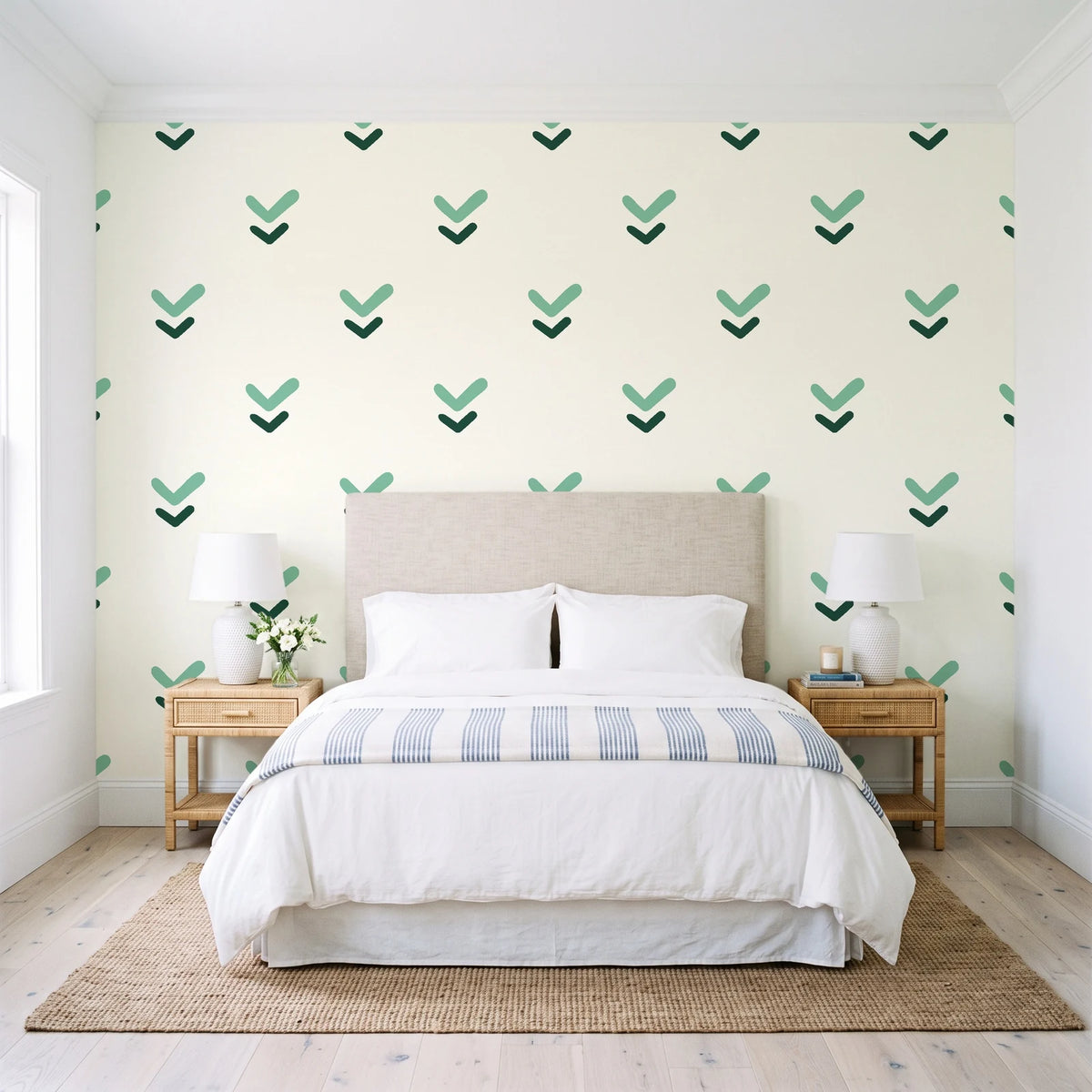 Falling Grace Emerald chevron wallpaper behind a queen bed in a bright coastal bedroom