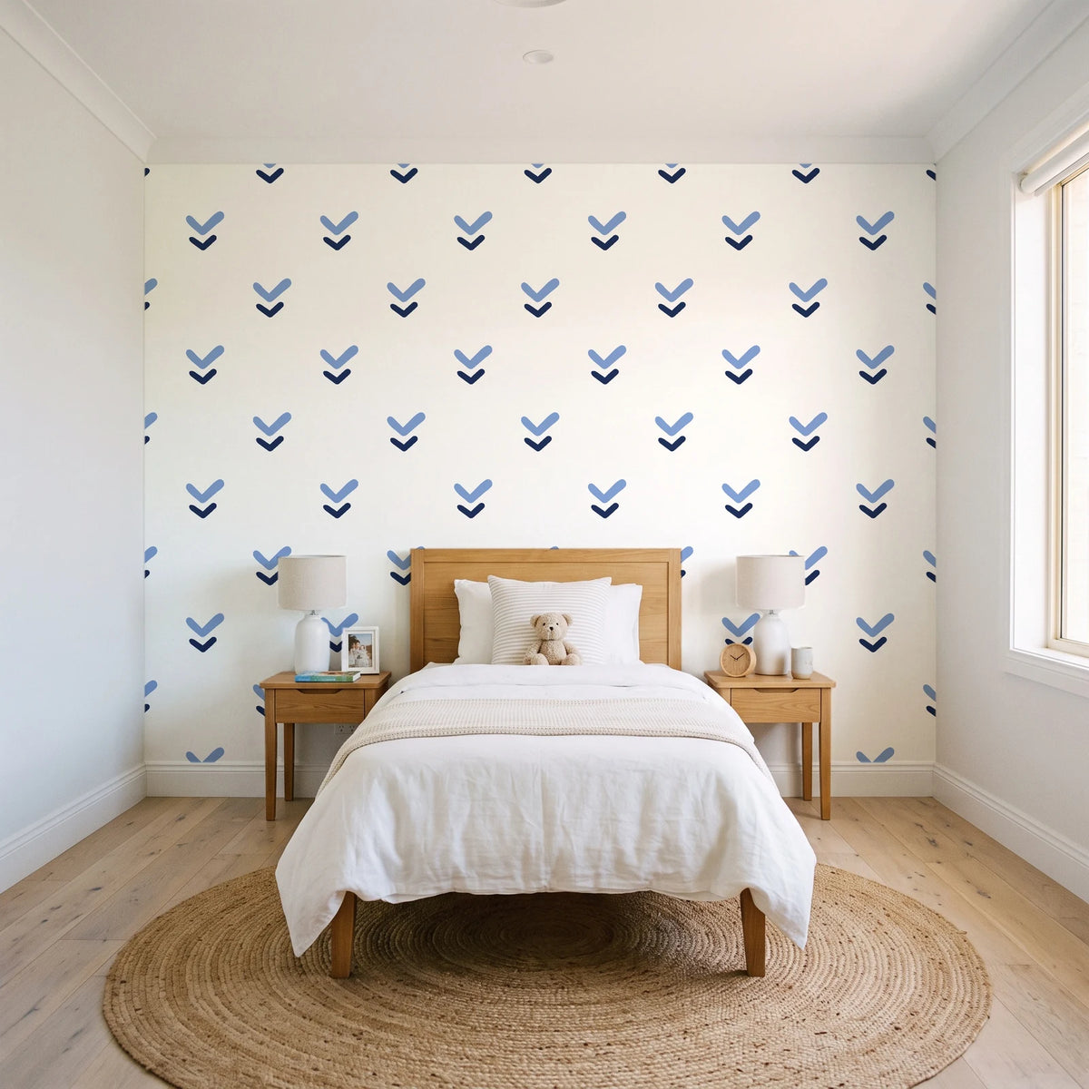 Falling Grace Navy chevron wallpaper in a bright, cheerful child's bedroom