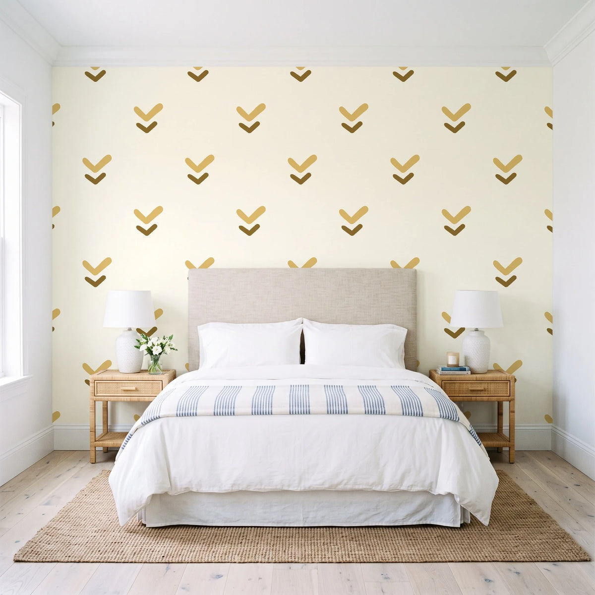 Falling Grace Ochre chevron wallpaper behind a queen bed in a bright coastal bedroom