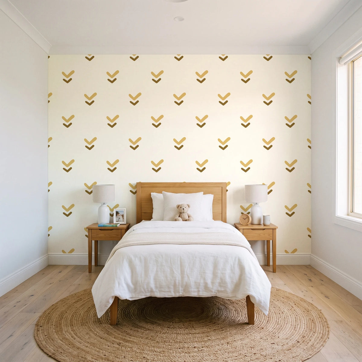 Falling Grace Ochre chevron wallpaper in a bright, cheerful child's bedroom