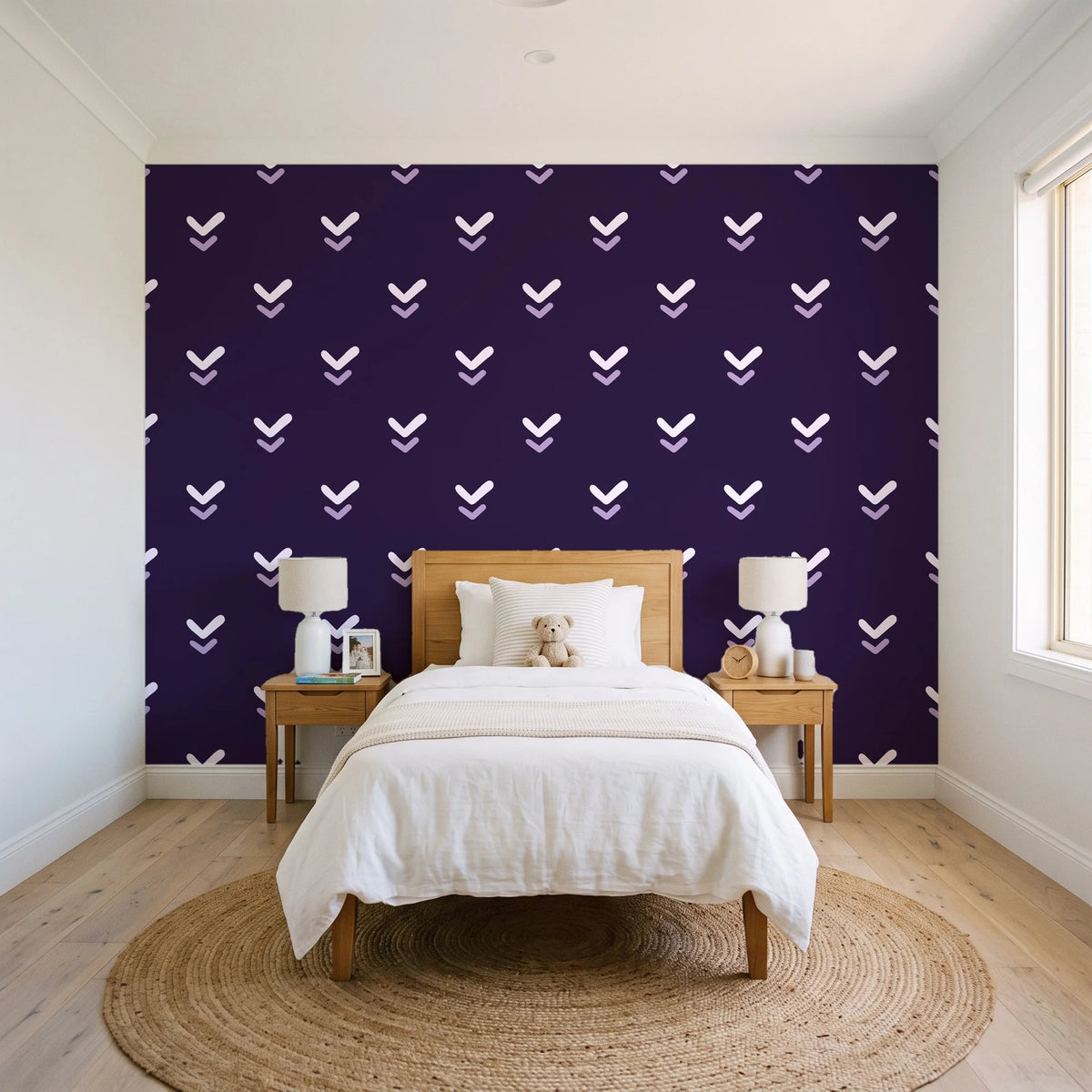 Falling Grace Plum chevron wallpaper in a bright, cheerful child's bedroom