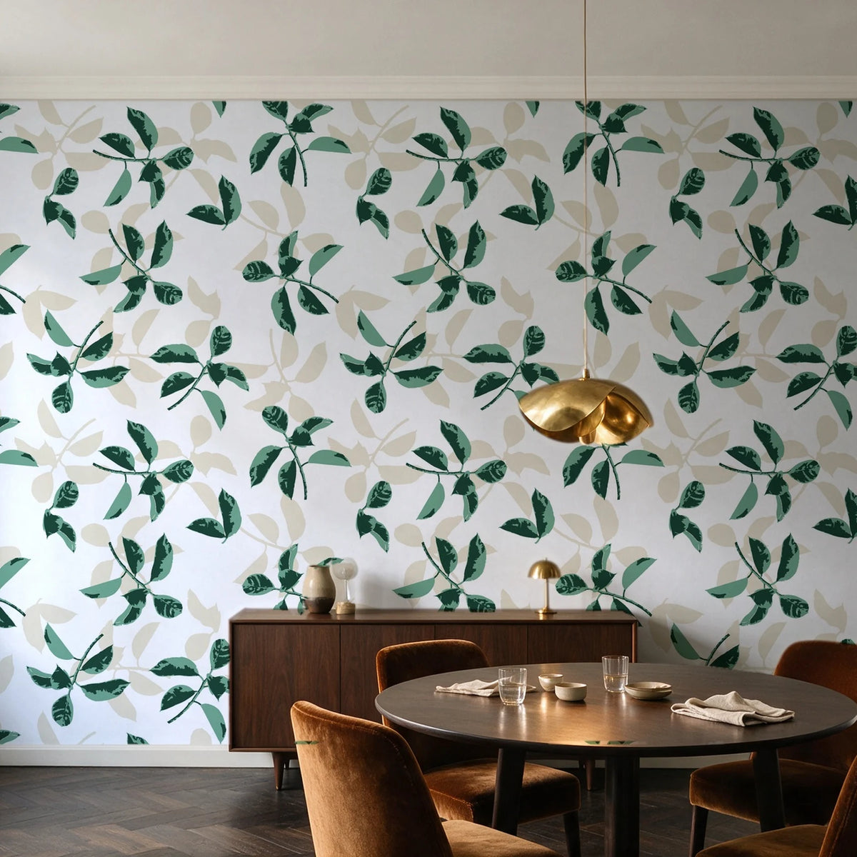 Falling Softly Emerald botanical leaf wallpaper in an elegant dining room