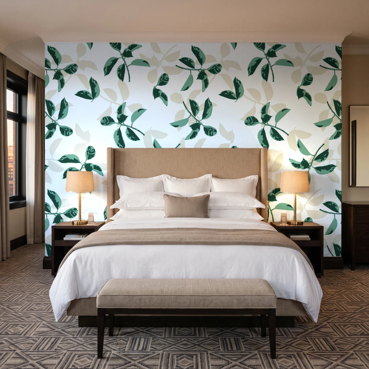 Falling Softly Emerald botanical leaf wallpaper behind the headboard of a king bed in a contemporary hotel guest room