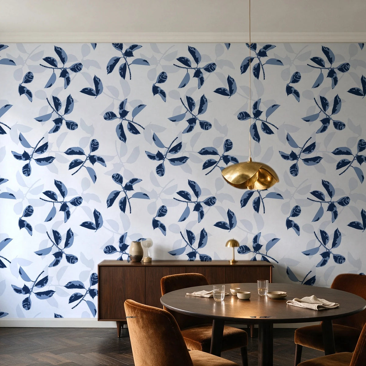 Falling Softly Navy botanical leaf wallpaper in an elegant dining room