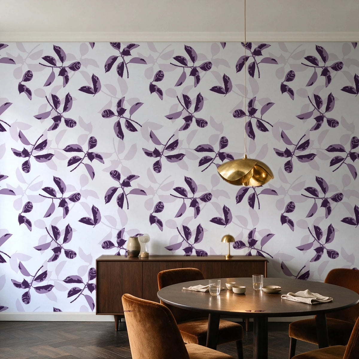 Falling Softly Plum botanical leaf wallpaper in an elegant dining room