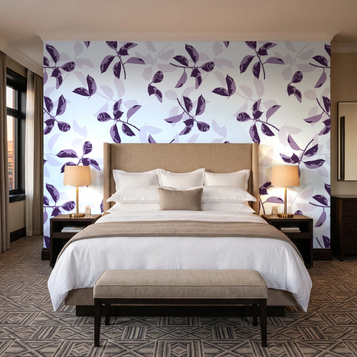 Falling Softly Plum botanical leaf wallpaper behind the headboard of a king bed in a contemporary hotel guest room