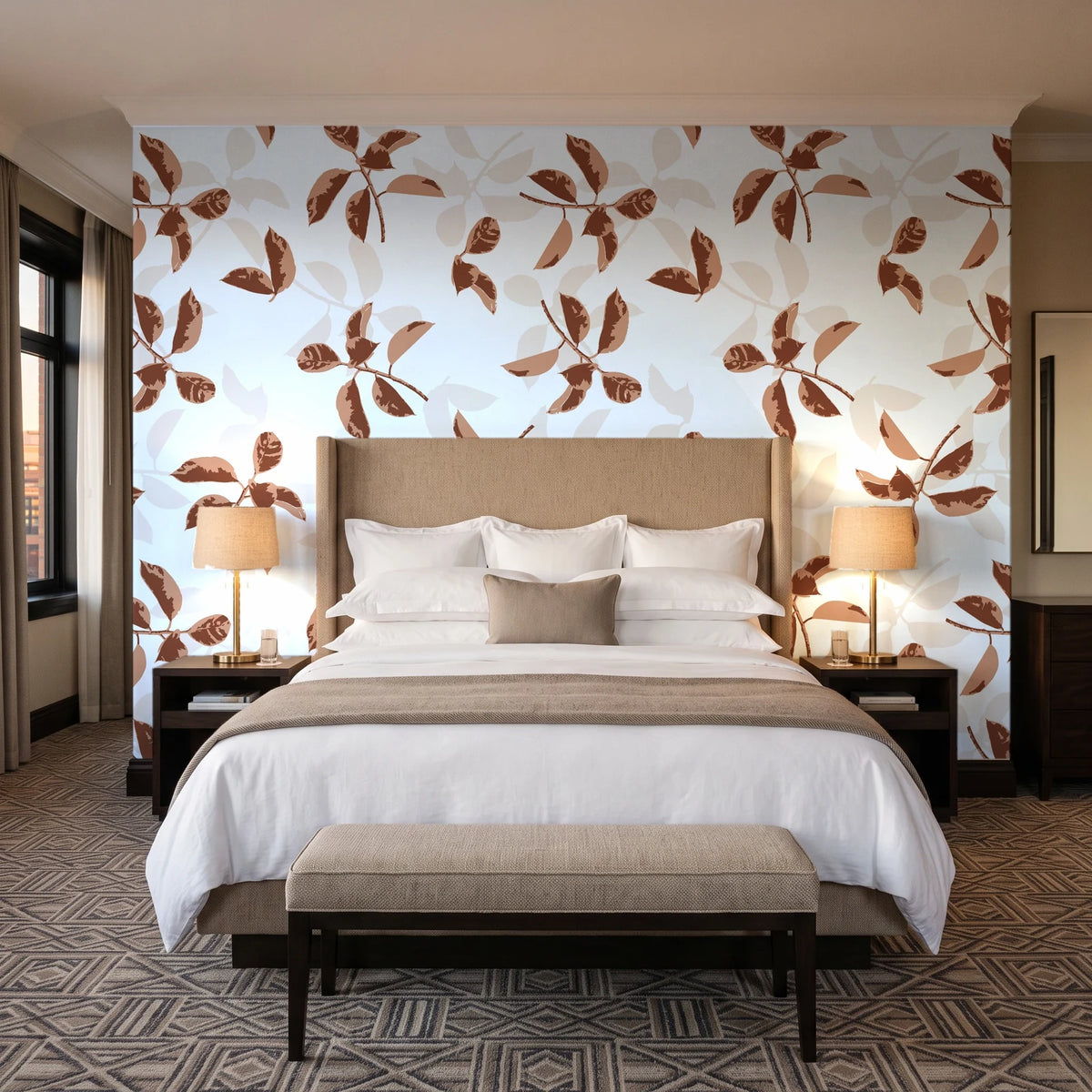 Falling Softly Terracotta botanical leaf wallpaper behind the headboard of a king bed in a contemporary hotel guest room