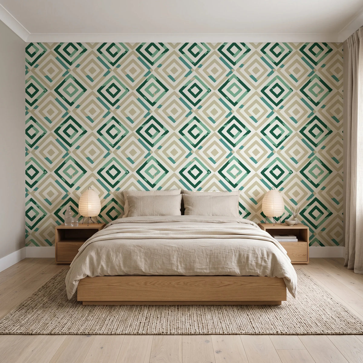 Fern Lattice Emerald hand-drawn diamond wallpaper behind a low platform bed in a serene Japandi bedroom
