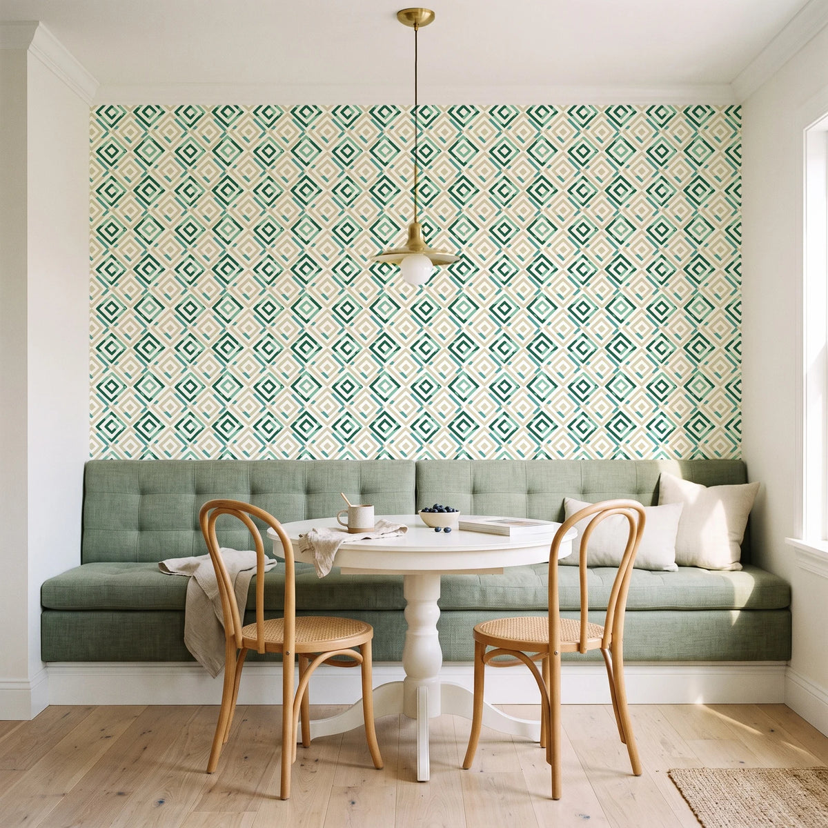 Fern Lattice Emerald hand-drawn diamond wallpaper as a feature wall in a sunlit breakfast nook