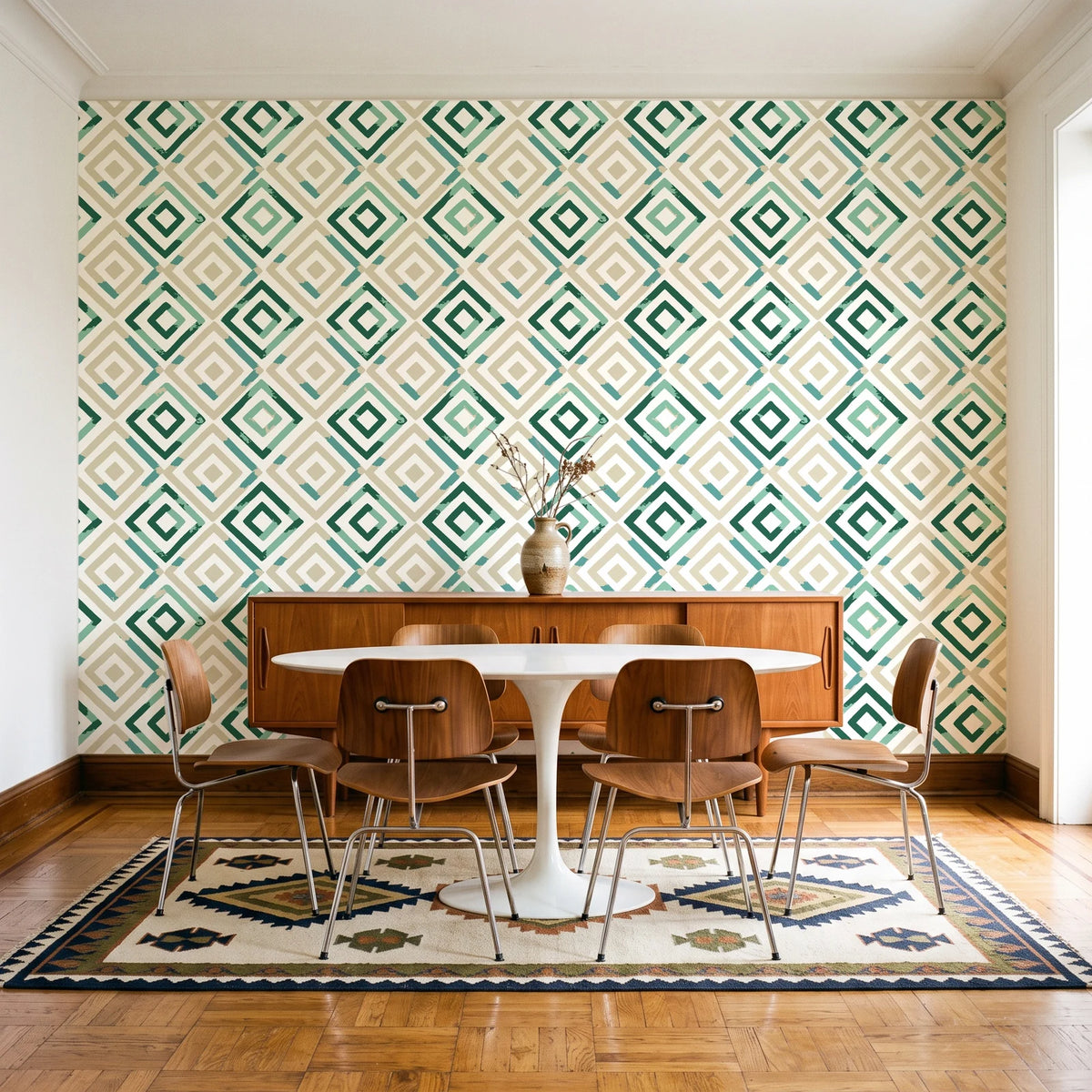 Fern Lattice Emerald hand-drawn diamond wallpaper in a mid-century dining room with a teak sideboard and tulip table