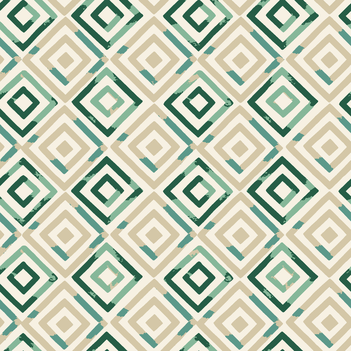Fern Lattice Emerald hand-drawn diamond wallpaper in emerald and sand