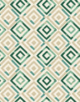 Fern Lattice Emerald hand-drawn diamond wallpaper in emerald and sand