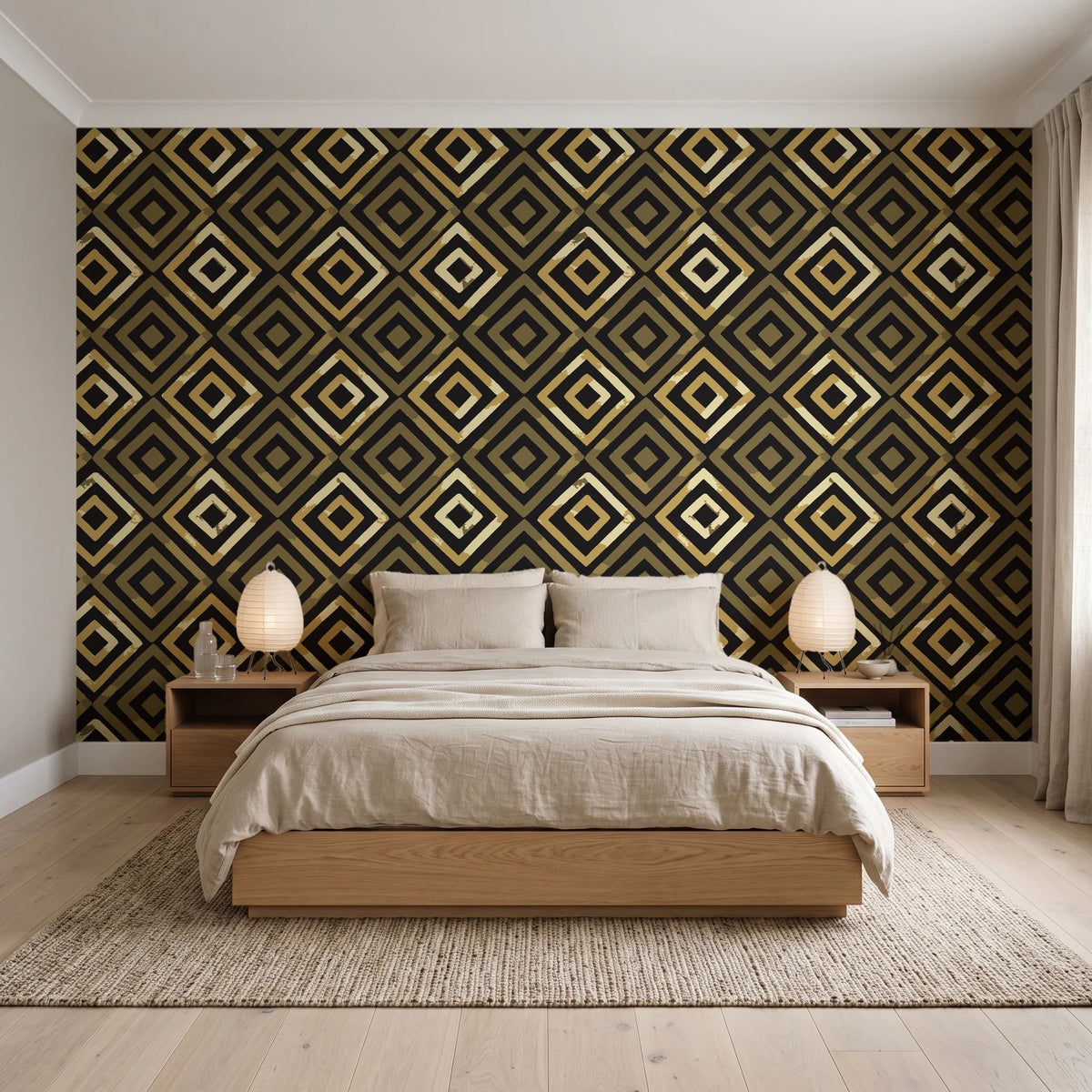 Fern Lattice Gilt hand-drawn diamond wallpaper behind a low platform bed in a serene Japandi bedroom