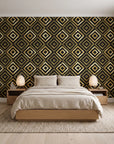 Fern Lattice Gilt hand-drawn diamond wallpaper behind a low platform bed in a serene Japandi bedroom