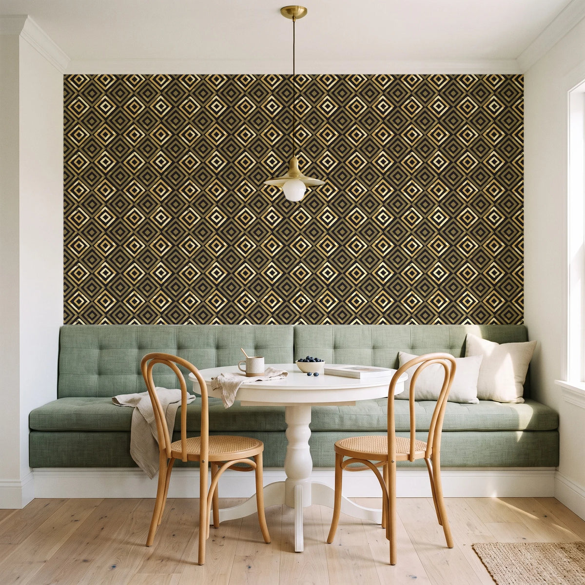 Fern Lattice Gilt hand-drawn diamond wallpaper as a feature wall in a sunlit breakfast nook