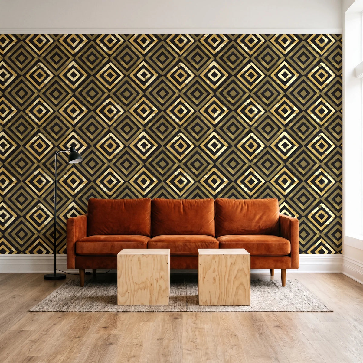 Fern Lattice Gilt hand-drawn diamond wallpaper behind a rust velvet sofa in a bright coworking lounge