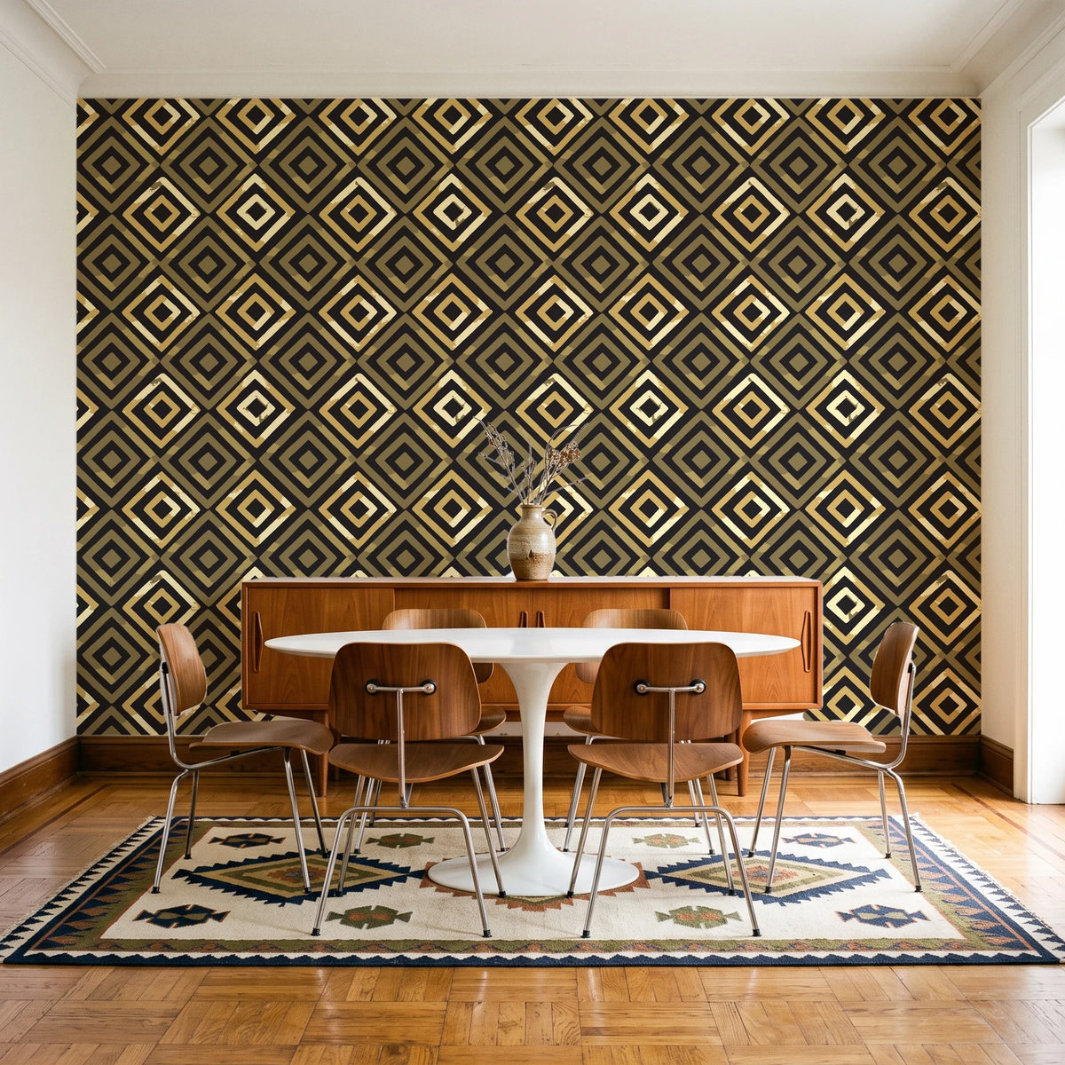 Fern Lattice Gilt hand-drawn diamond wallpaper in a mid-century dining room with a teak sideboard and tulip table