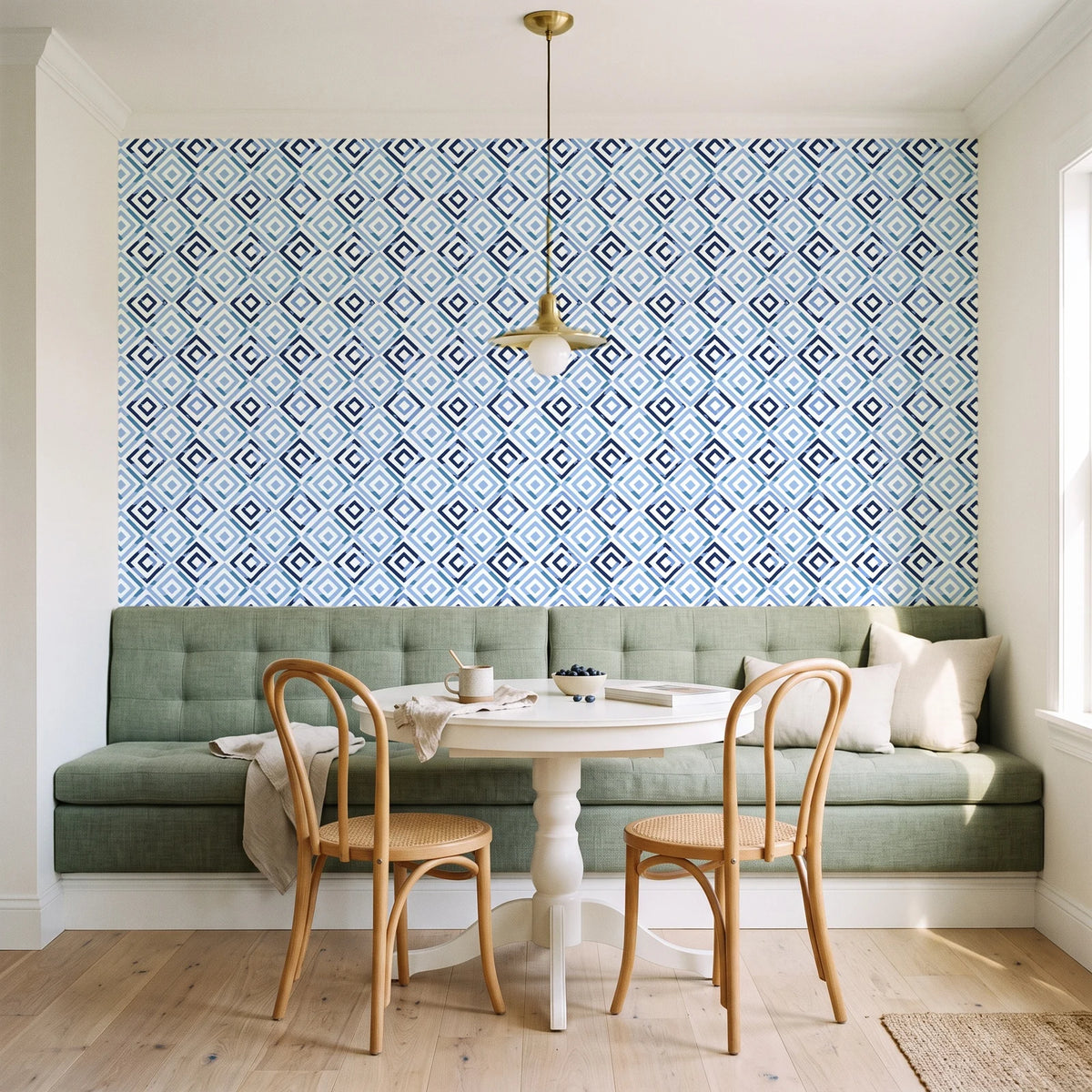 Fern Lattice Navy hand-drawn diamond wallpaper as a feature wall in a sunlit breakfast nook