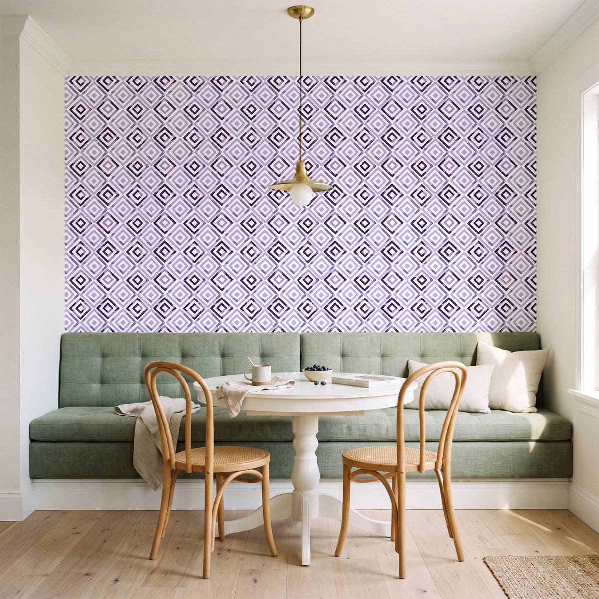 Fern Lattice Plum hand-drawn diamond wallpaper as a feature wall in a sunlit breakfast nook