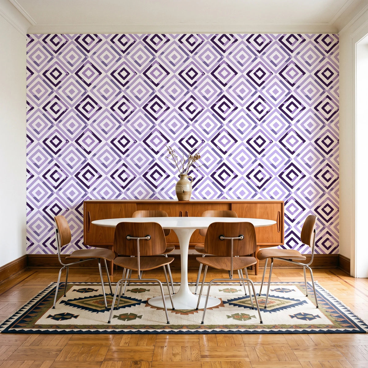Fern Lattice Plum hand-drawn diamond wallpaper in a mid-century dining room with a teak sideboard and tulip table