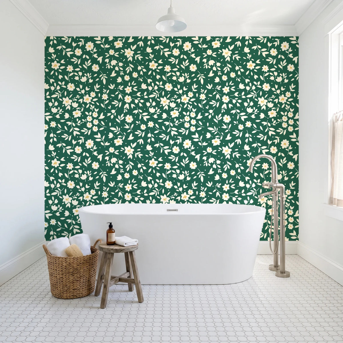 First Bloom Emerald ditsy floral wallpaper behind a freestanding tub in a bright coastal bathroom
