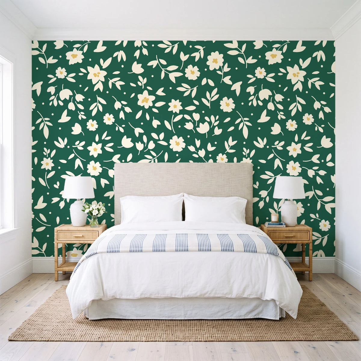 First Bloom Emerald ditsy floral wallpaper behind a queen bed in a bright coastal bedroom