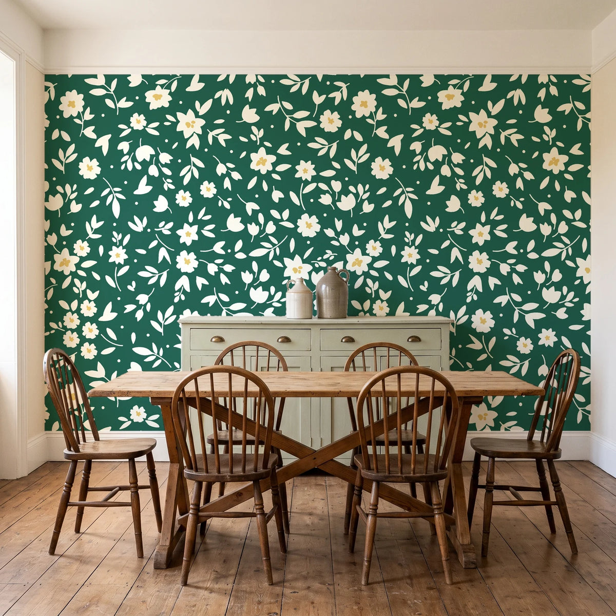 First Bloom Emerald ditsy floral wallpaper in a farmhouse dining room with a sage sideboard and rustic trestle table