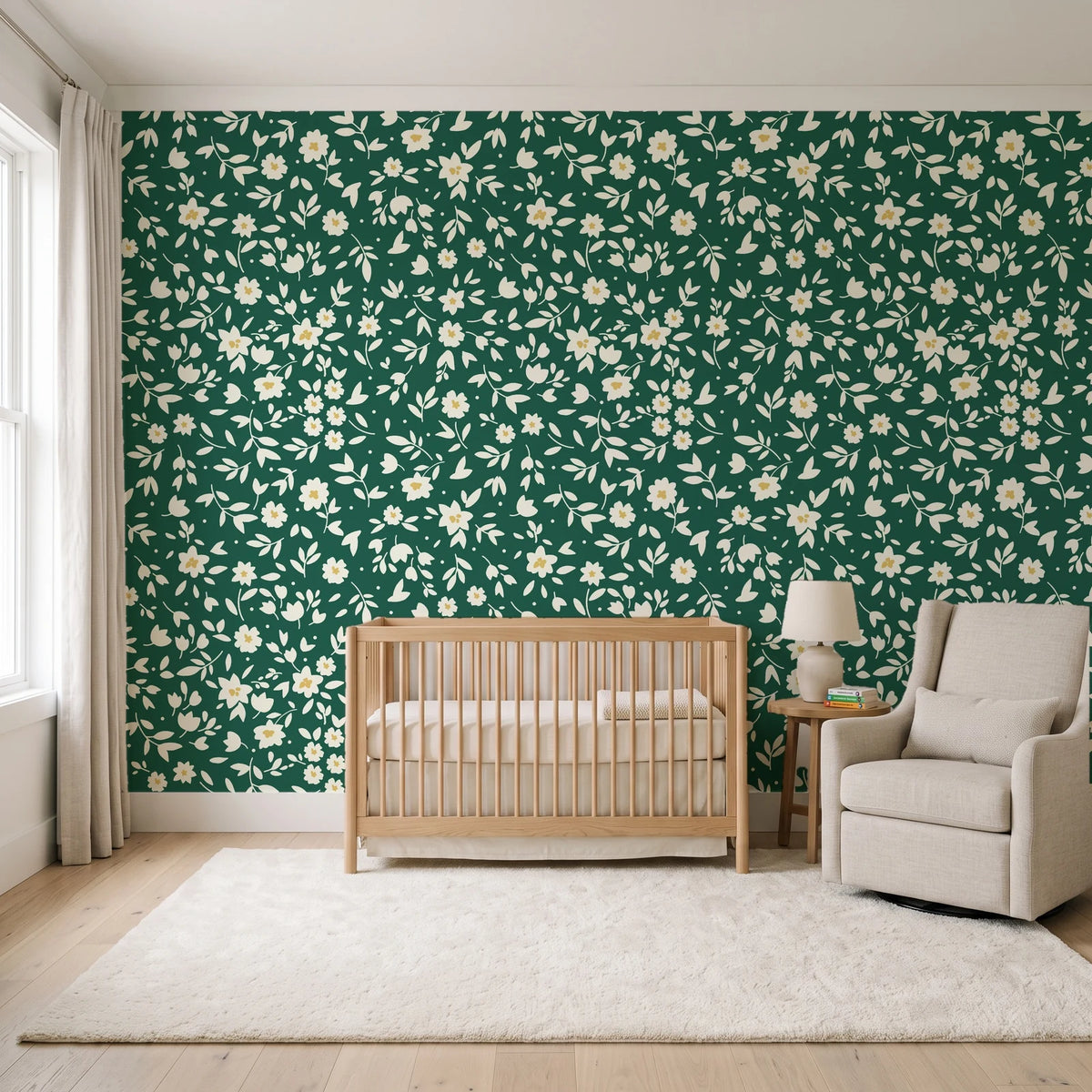 First Bloom Emerald ditsy floral wallpaper in a calm, light-filled nursery