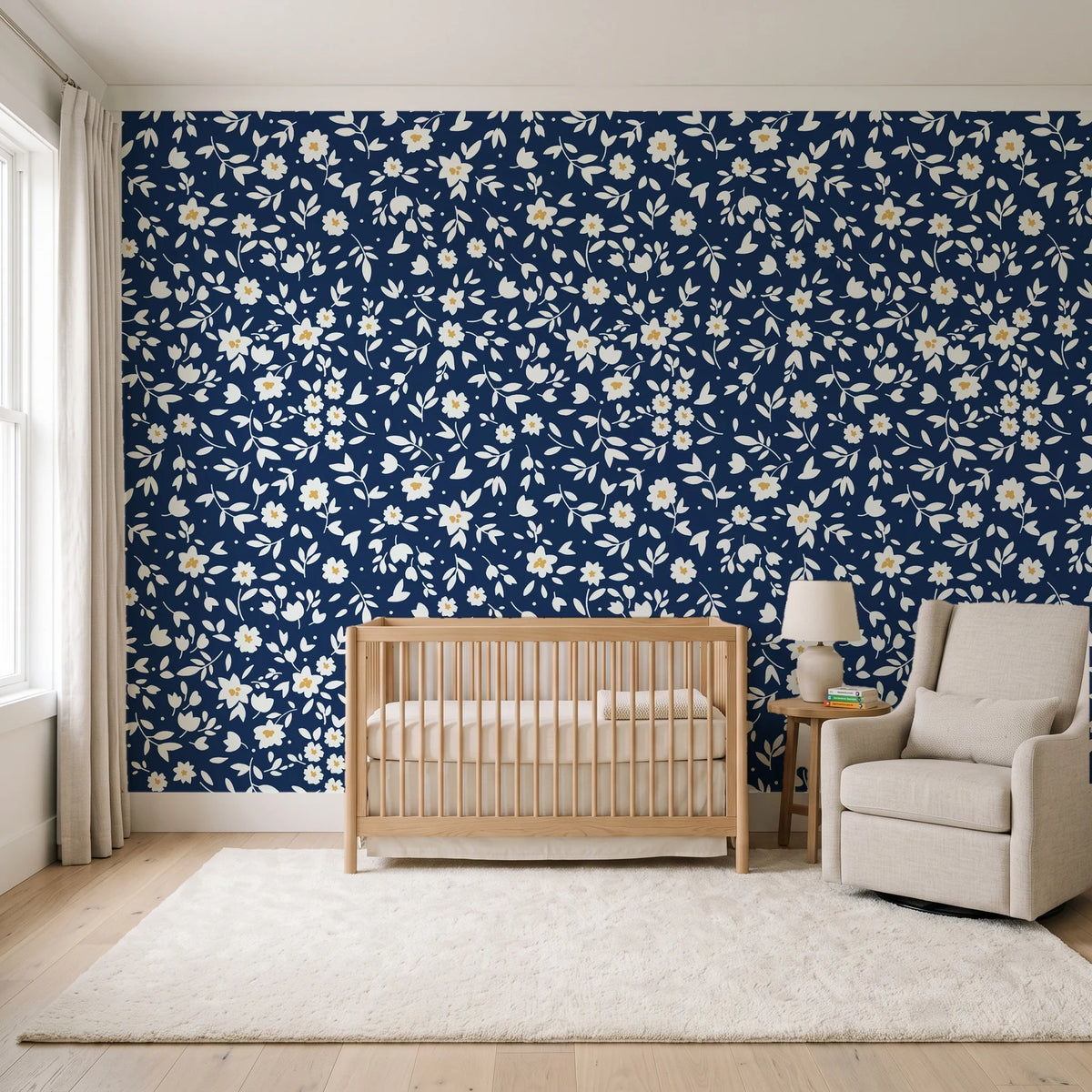 First Bloom Navy ditsy floral wallpaper in a calm, light-filled nursery