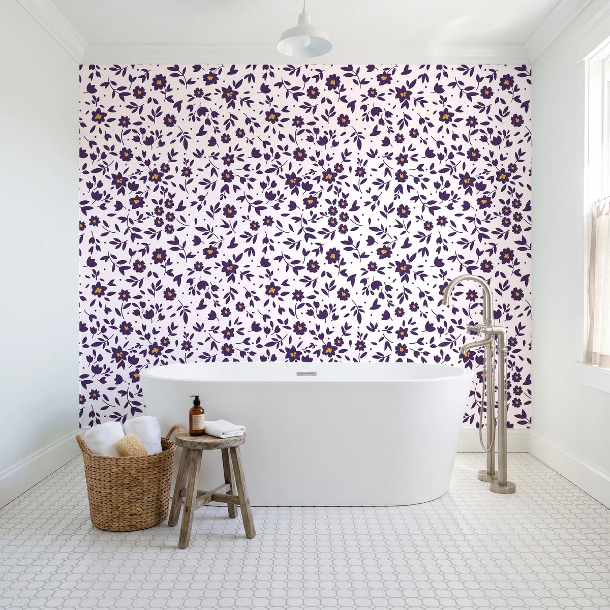 First Bloom Plum ditsy floral wallpaper behind a freestanding tub in a bright coastal bathroom