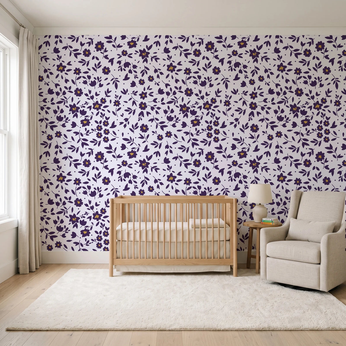 First Bloom Plum ditsy floral wallpaper in a calm, light-filled nursery