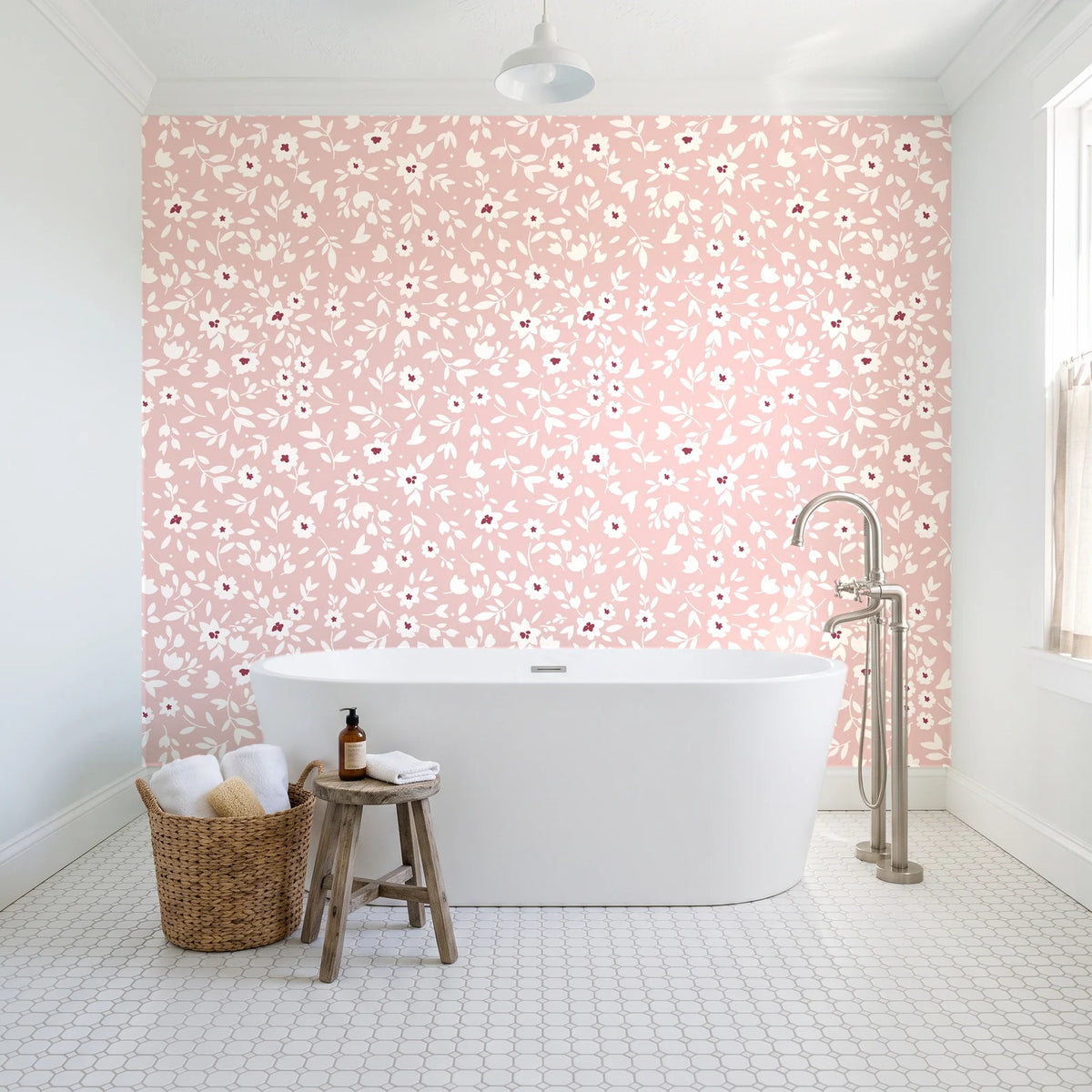 First Bloom Rose ditsy floral wallpaper behind a freestanding tub in a bright coastal bathroom