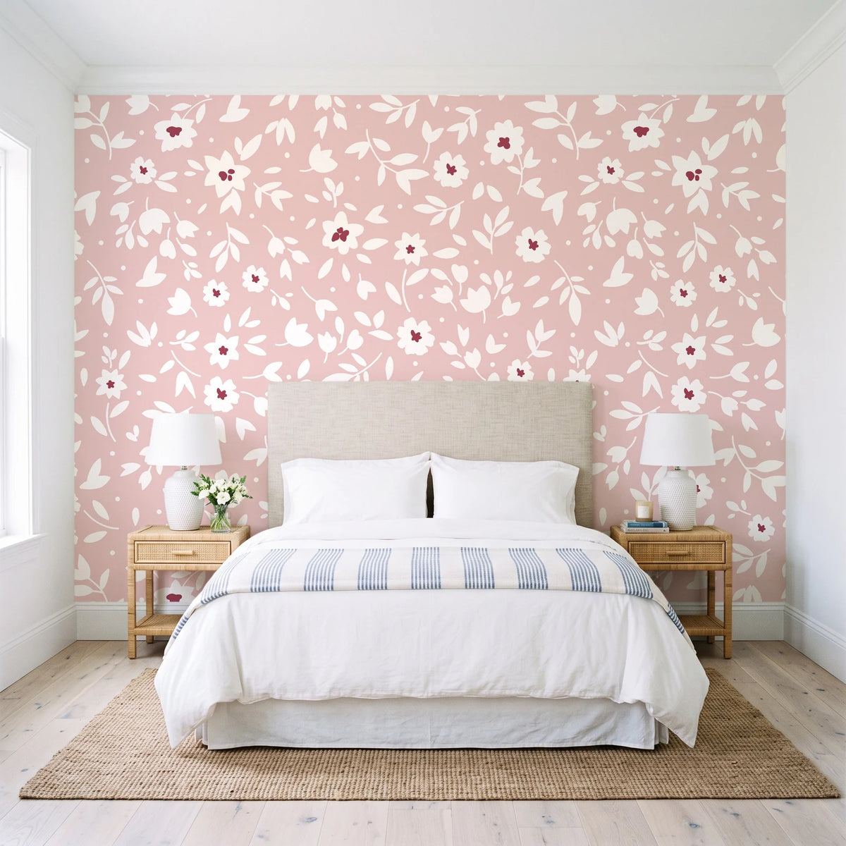 First Bloom Rose ditsy floral wallpaper behind a queen bed in a bright coastal bedroom