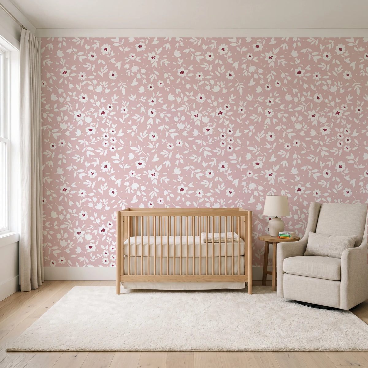First Bloom Rose ditsy floral wallpaper in a calm, light-filled nursery
