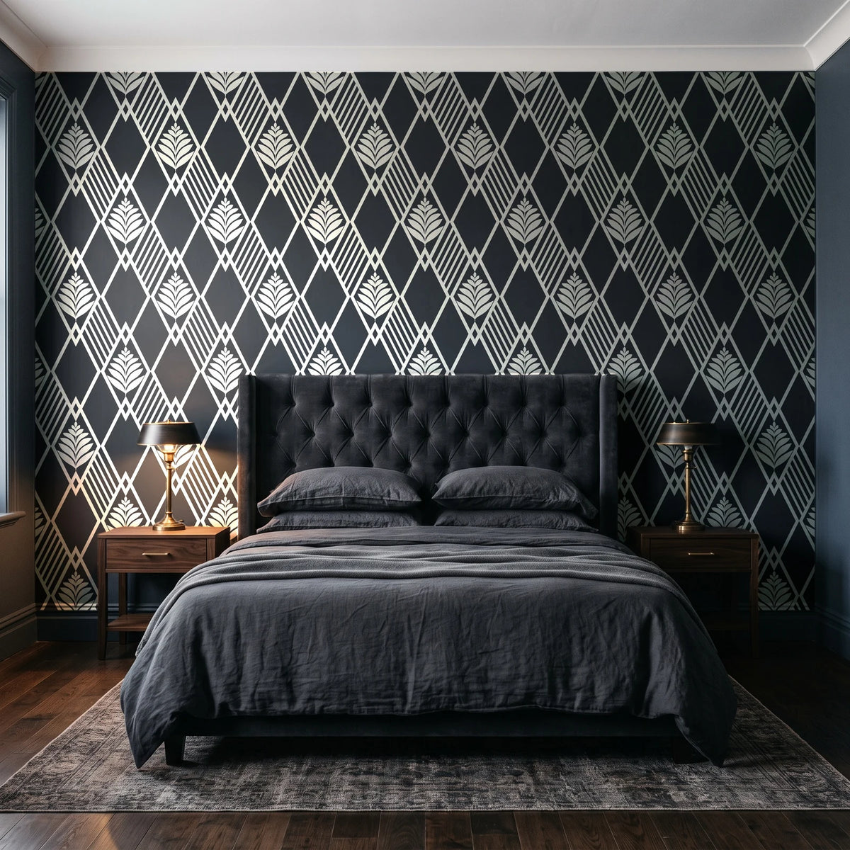 Floral Fantasia Charcoal diamond lattice wallpaper behind a tufted headboard in a dark, moody bedroom