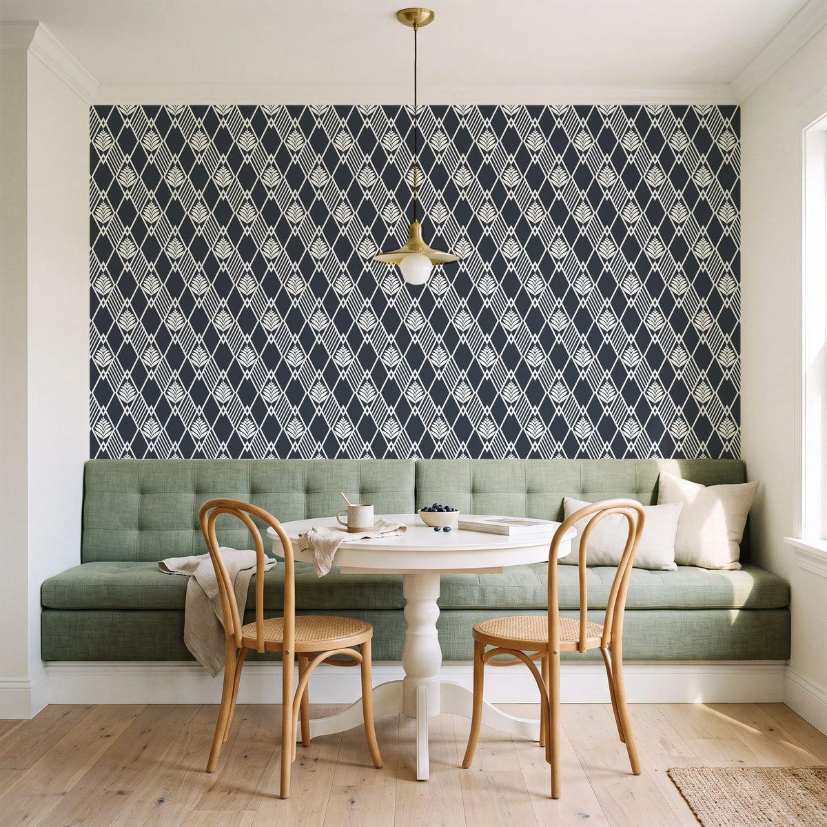 Floral Fantasia Charcoal diamond lattice wallpaper as a feature wall in a sunlit breakfast nook