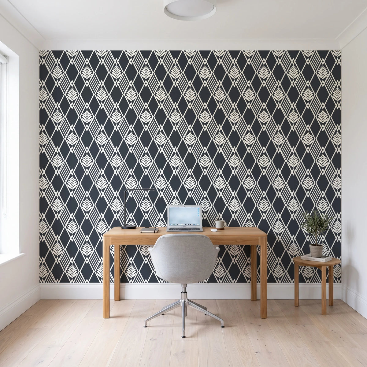 Floral Fantasia Charcoal diamond lattice wallpaper behind a modern oak desk in a bright home office