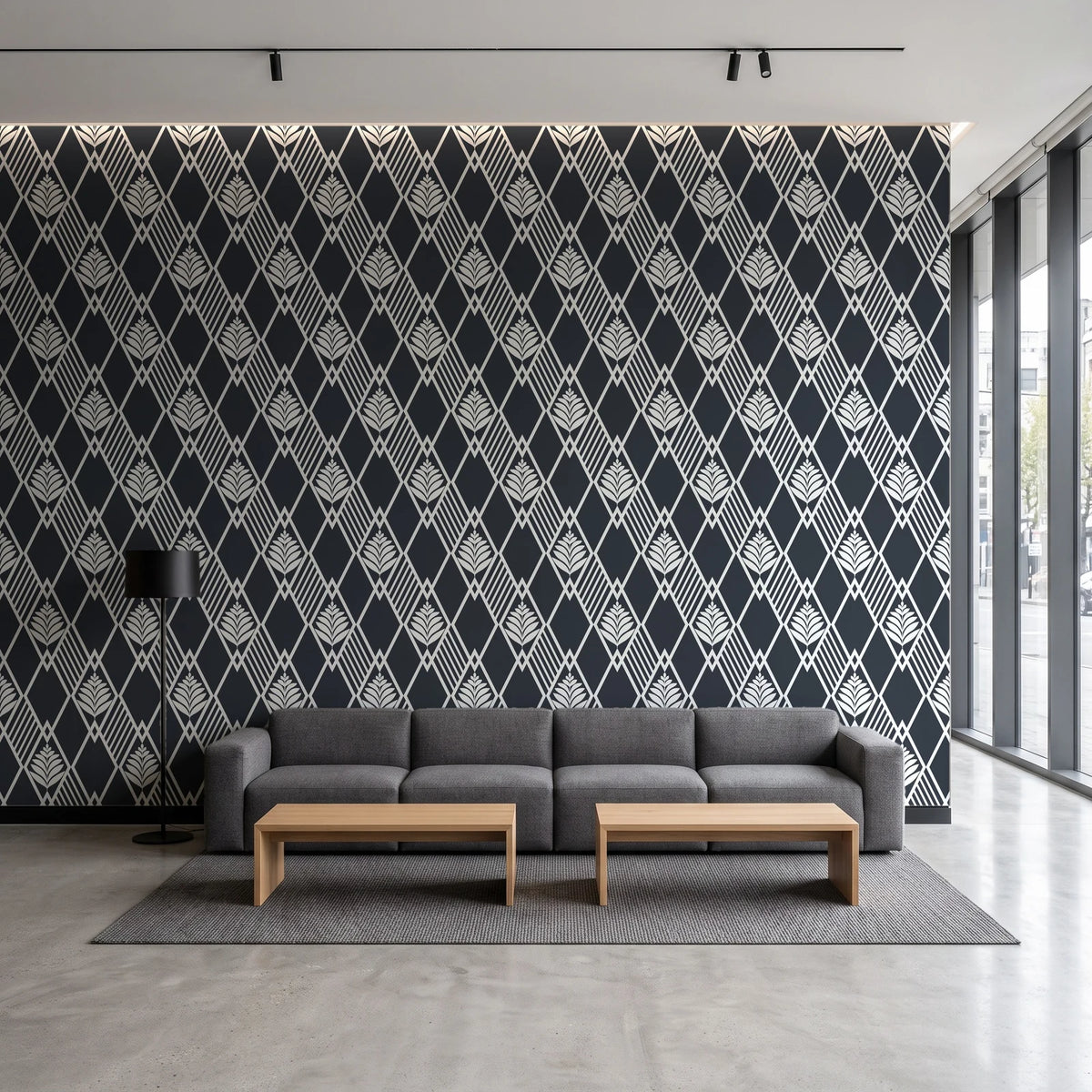 Floral Fantasia Charcoal diamond lattice wallpaper in a contemporary commercial office lobby