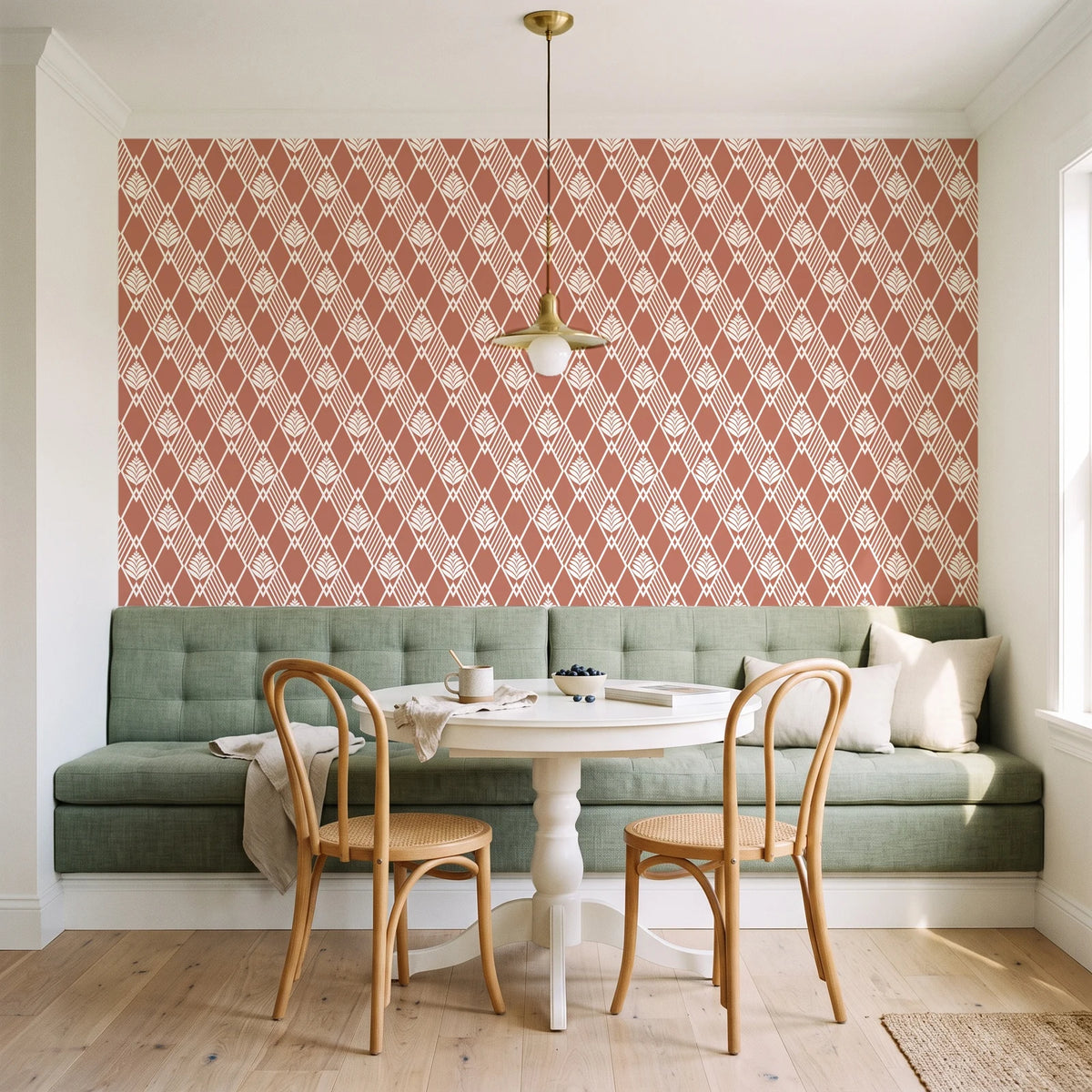 Floral Fantasia Clay diamond lattice wallpaper as a feature wall in a sunlit breakfast nook