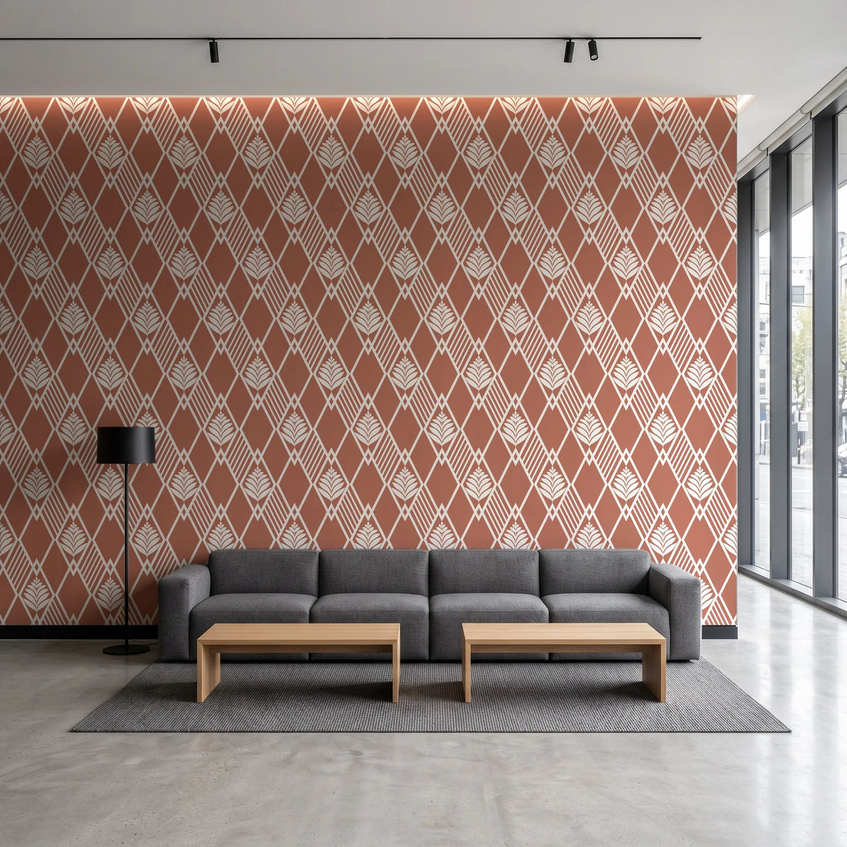 Floral Fantasia Clay diamond lattice wallpaper in a contemporary commercial office lobby