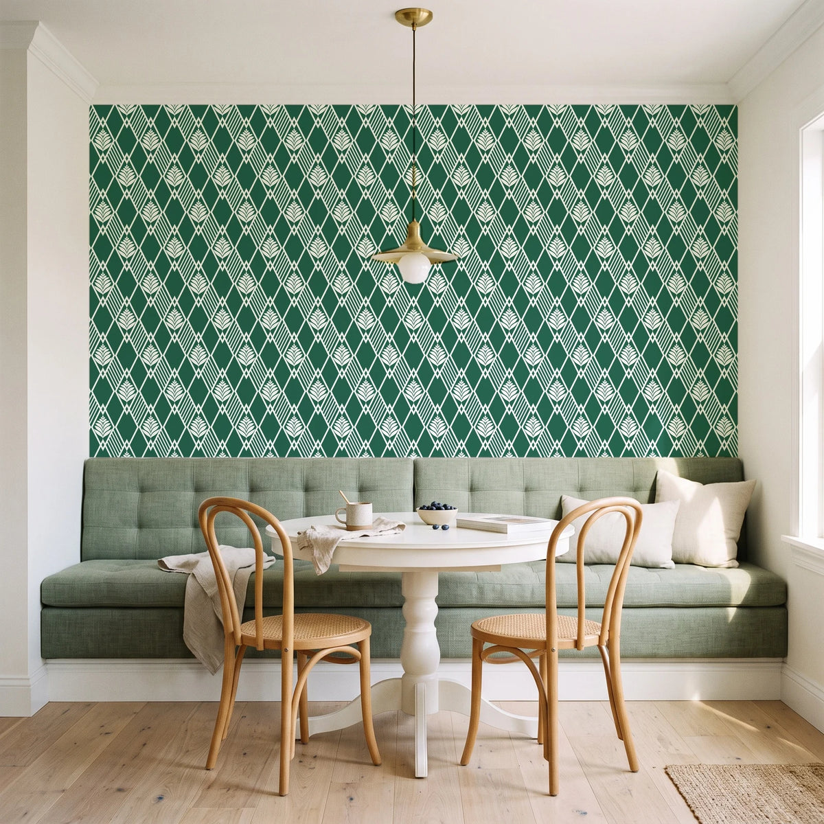 Floral Fantasia Emerald diamond lattice wallpaper as a feature wall in a sunlit breakfast nook