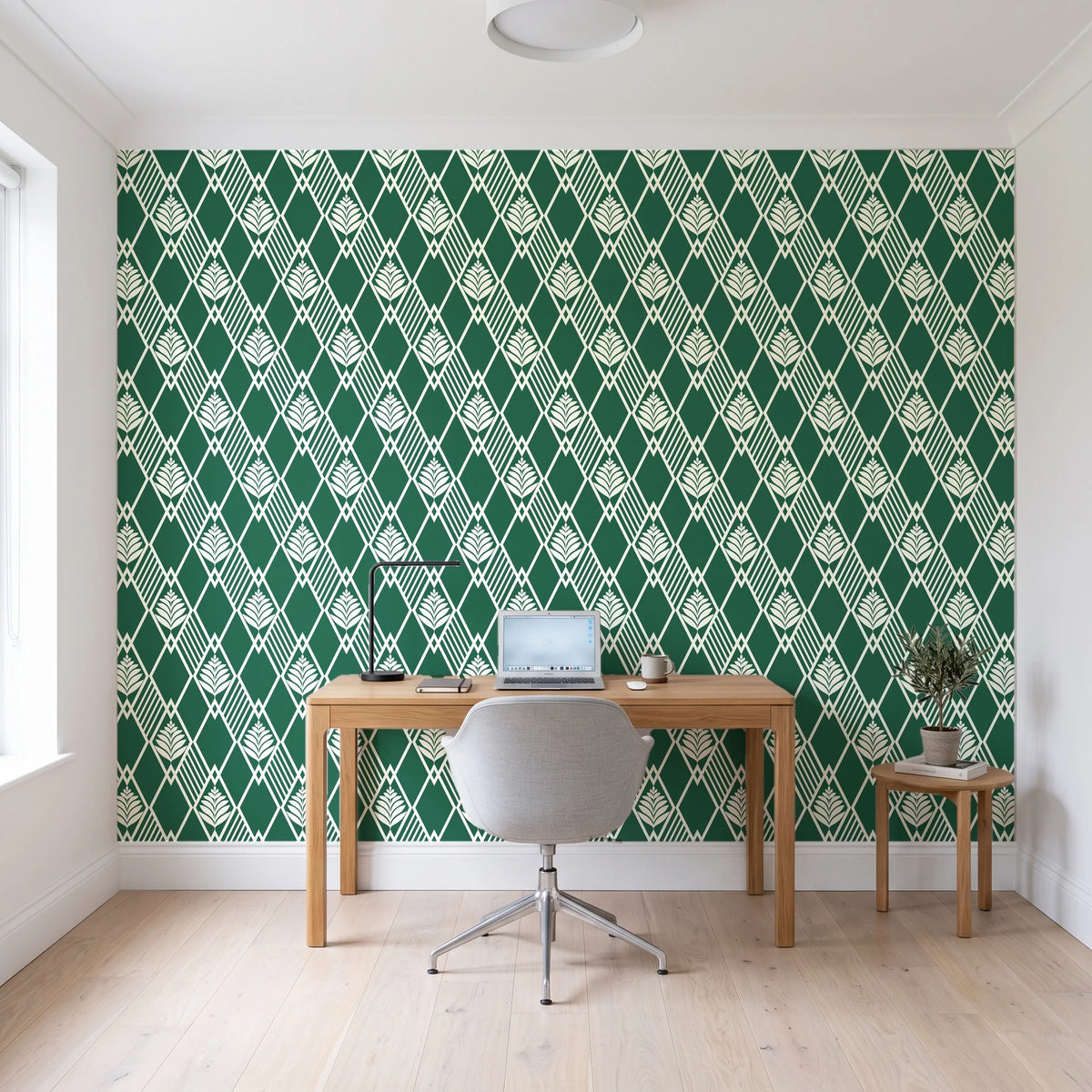 Floral Fantasia Emerald diamond lattice wallpaper behind a modern oak desk in a bright home office