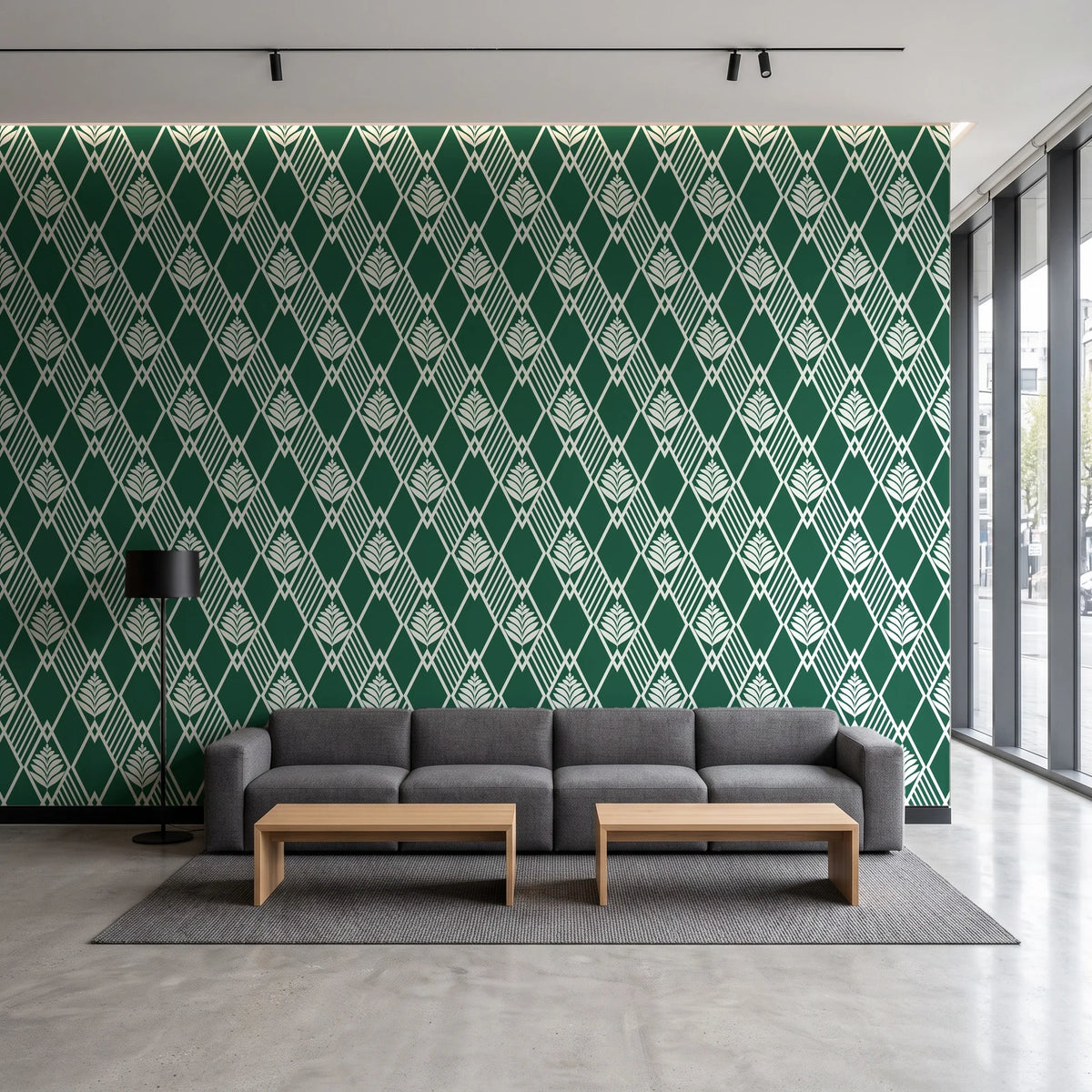 Floral Fantasia Emerald diamond lattice wallpaper in a contemporary commercial office lobby