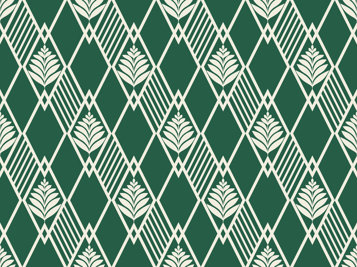 Floral Fantasia Emerald diamond lattice wallpaper in emerald and cream