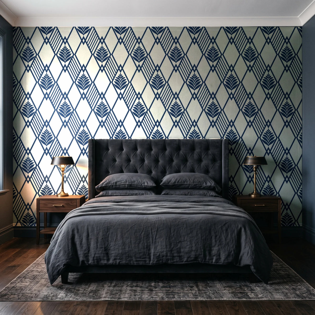 Floral Fantasia Ivory diamond lattice wallpaper behind a tufted headboard in a dark, moody bedroom